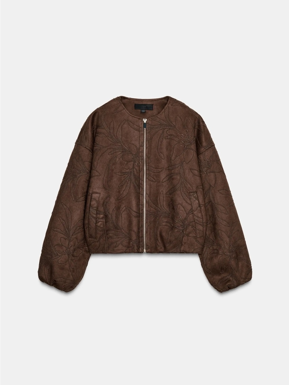 Zara Faux Suede Floral-Embossed Bomber Jacket